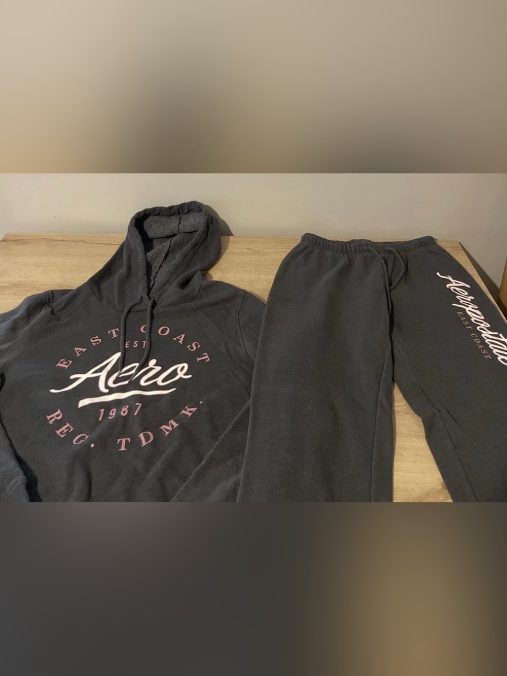 Aeropostale Charcoal Gray Hoodie and Sweatpants Set with Pink Logo